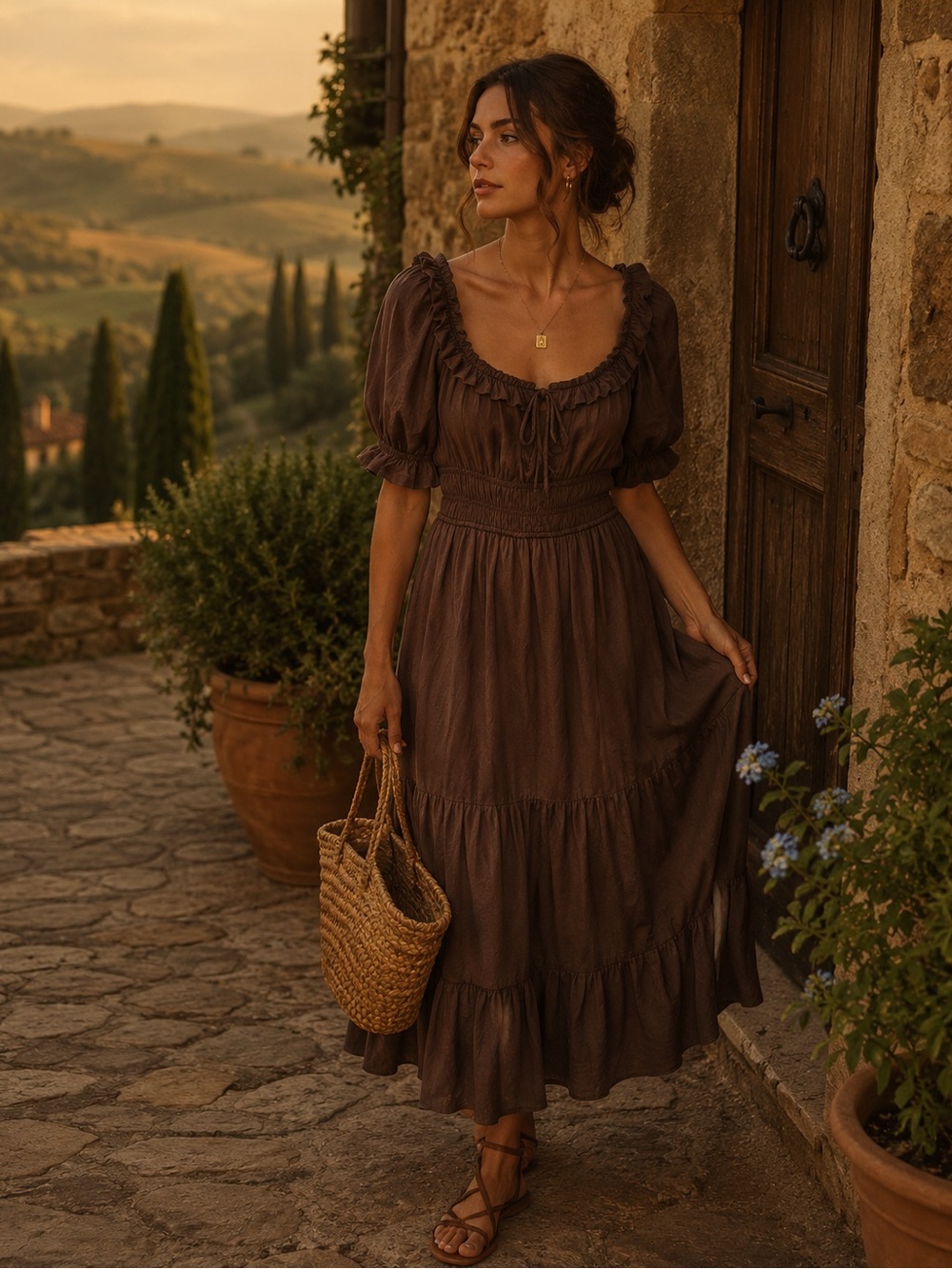 Women’s Boutique Brown Puff Sleeve Tiered Maxi Dress